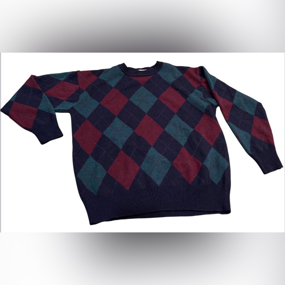Vintage Jones New York Women’s Argyle Sweater Navy, Forest Green & Burgundy Sz L